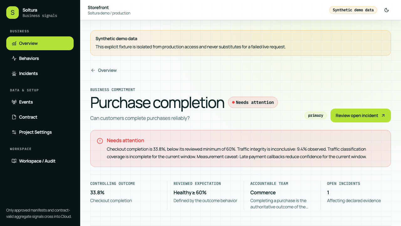 Soltura Cloud purchase completion commitment shown with synthetic demo data